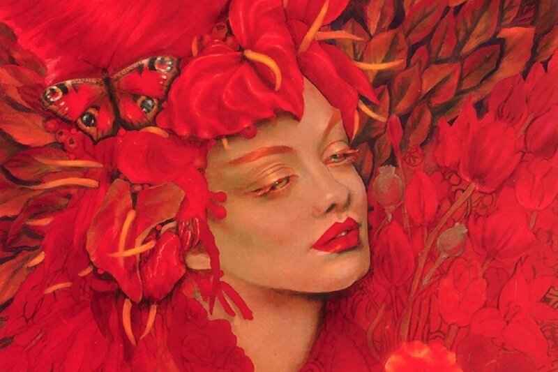 Woman with Red Flowers — Dramatic, Painting, Butterfly