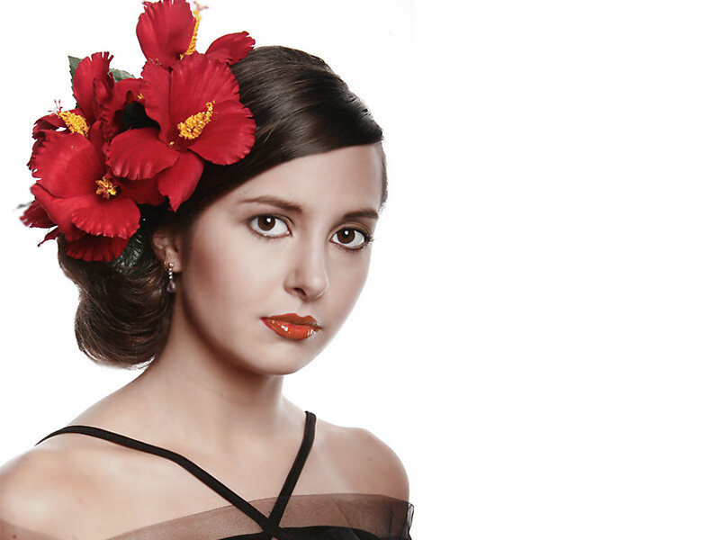 Woman with Red Flowers — Dramatic, Photograph, Hair