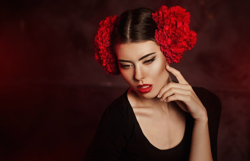 Woman with Red Flowers — Dramatic, Photograph, Lipstick, Black Shirt