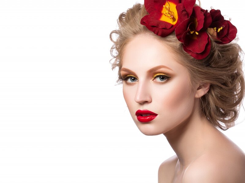 Woman with Red Flowers — Dramatic, Photograph, Makeup, Hair