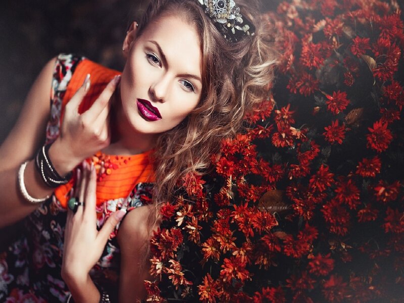 Woman with Red Flowers — Dramatic, Photograph, Makeup, Jewelry