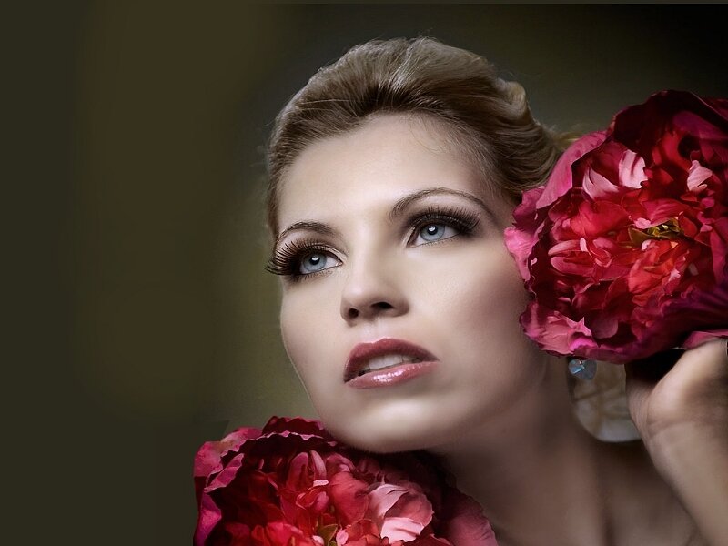 Woman with Red Flowers — Dramatic, Photograph, Makeup