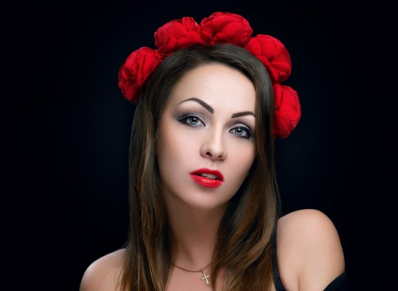 Woman with Red Flowers — Dramatic, Photograph, Necklace