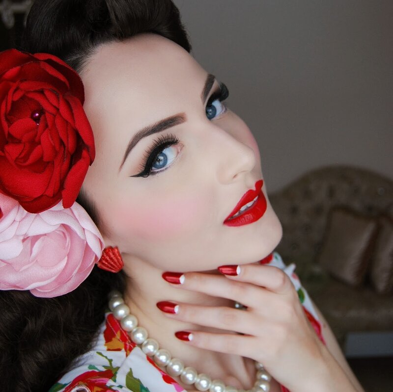 Woman with Red Flowers — Dramatic, Photograph, Pearl Necklace