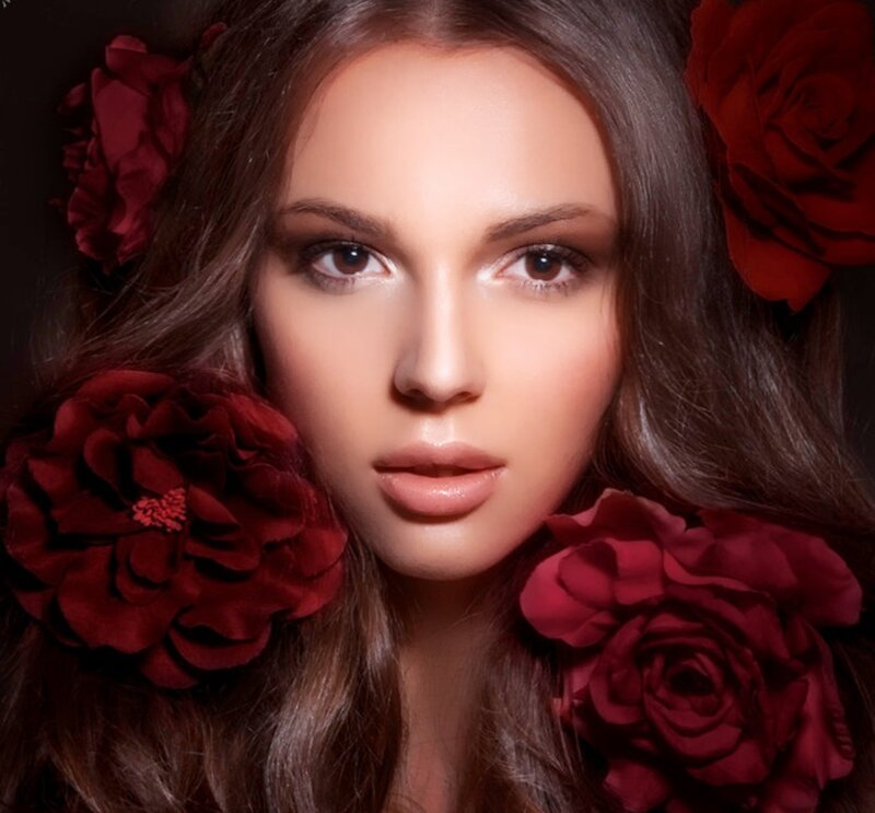Woman with Red Flowers — Dramatic, Photograph, Red Roses