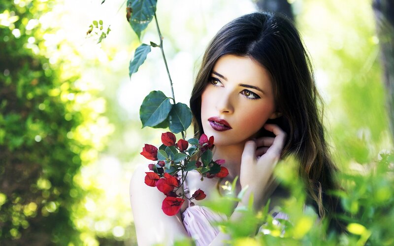 Woman with Red Flowers — Green, Serene