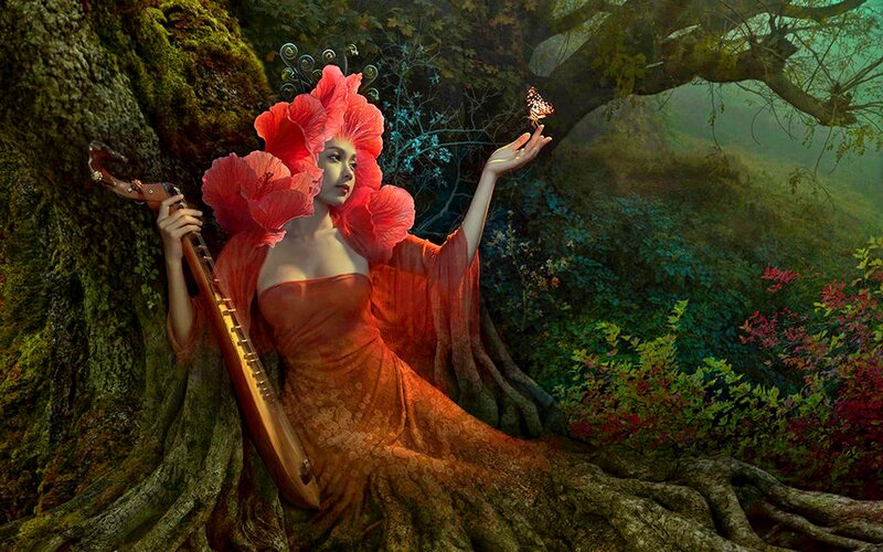 Woman with Red Flowers — Serene, Digital Art, Butterfly