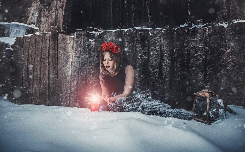 Woman with Red Flowers — White, Dramatic