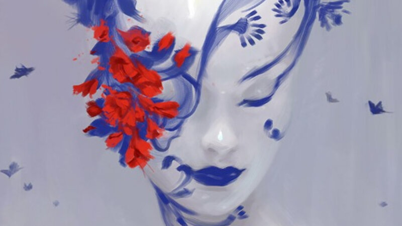 Woman with Red Flowers — White