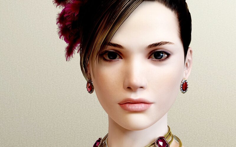 woman with red gem earrings