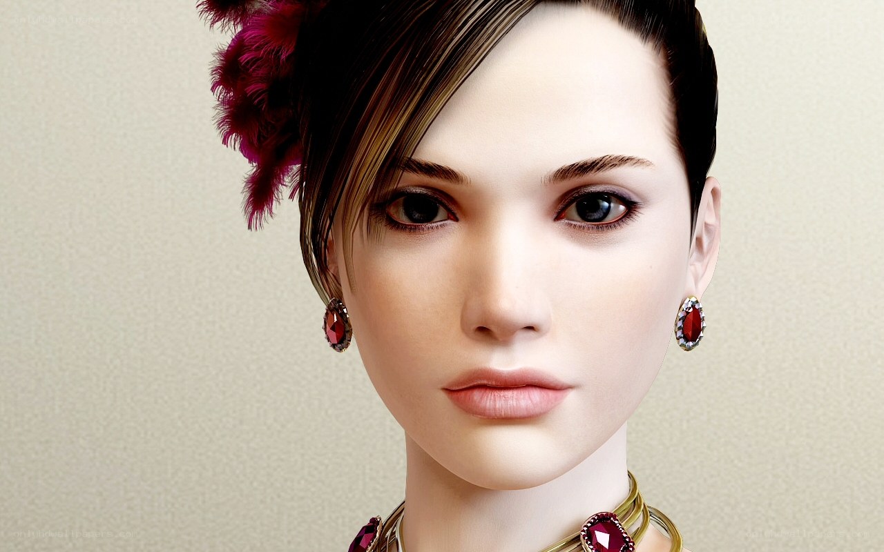 woman with red gem earrings