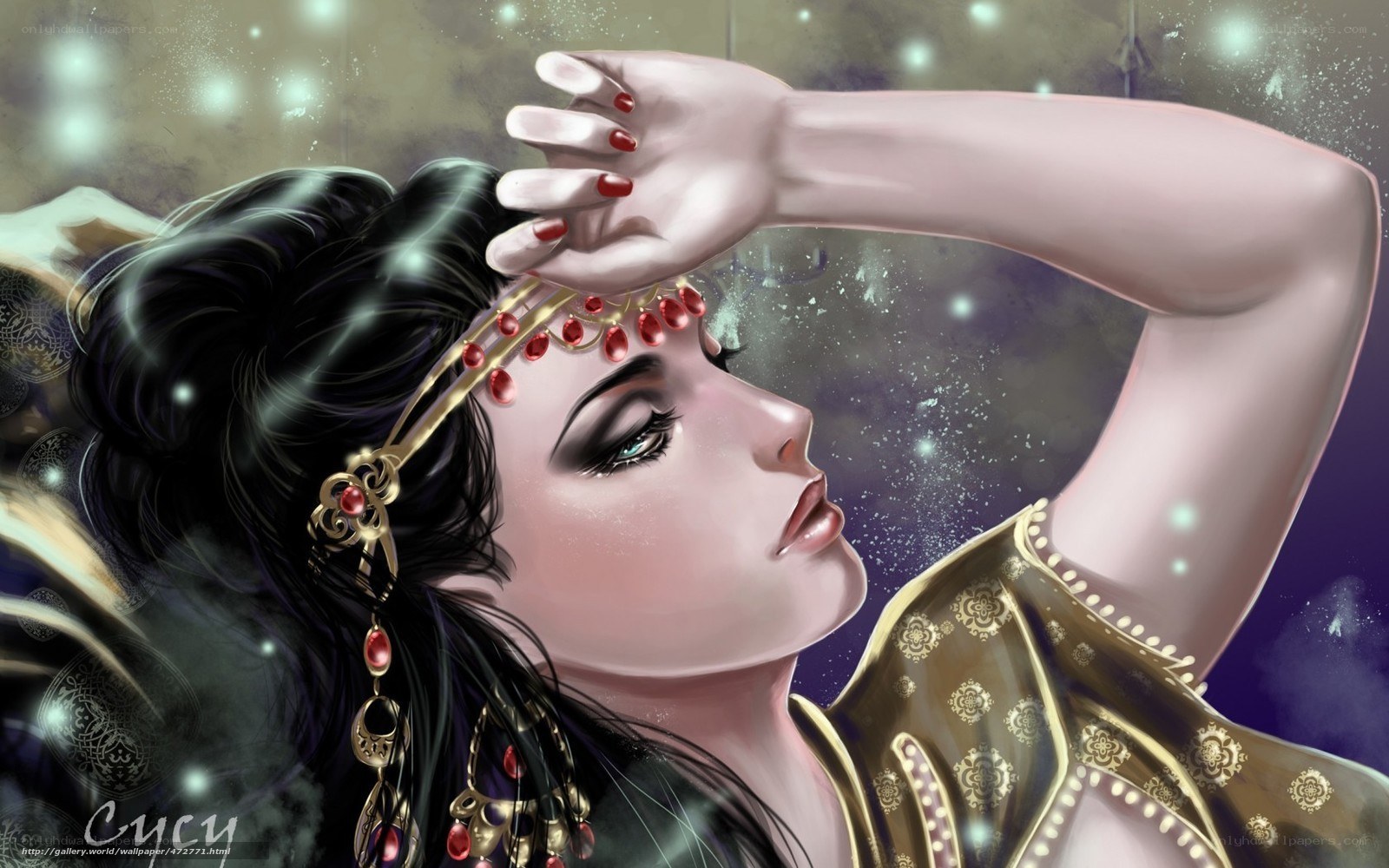 woman with red gem headpiece
