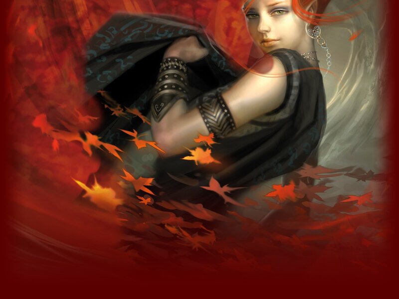 woman with red hair and autumn leaves