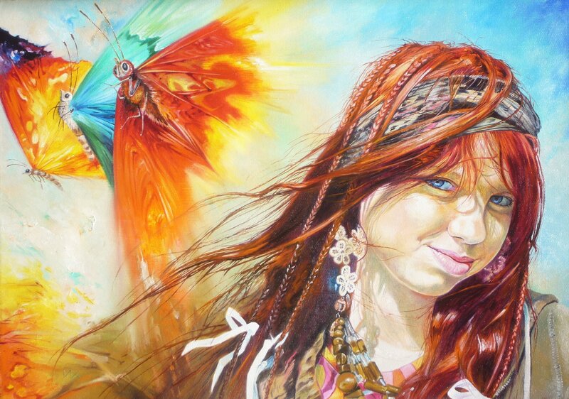 woman with red hair and butterflies
