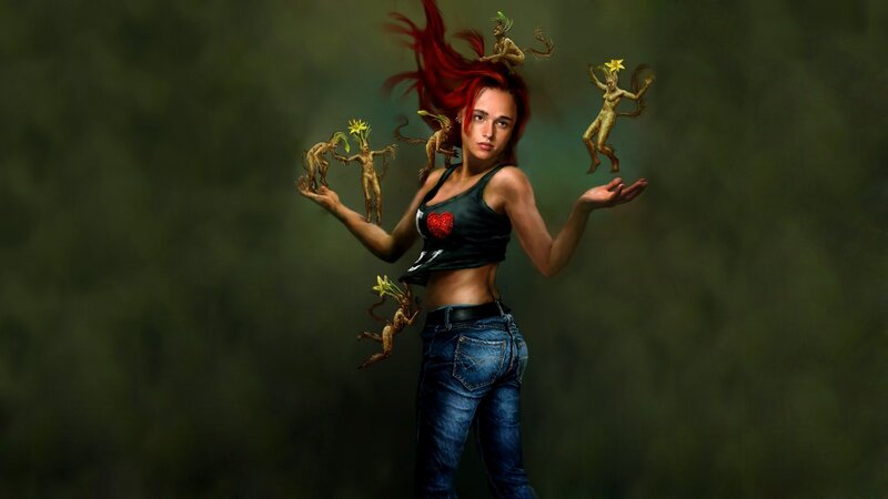 woman with red hair and creatures