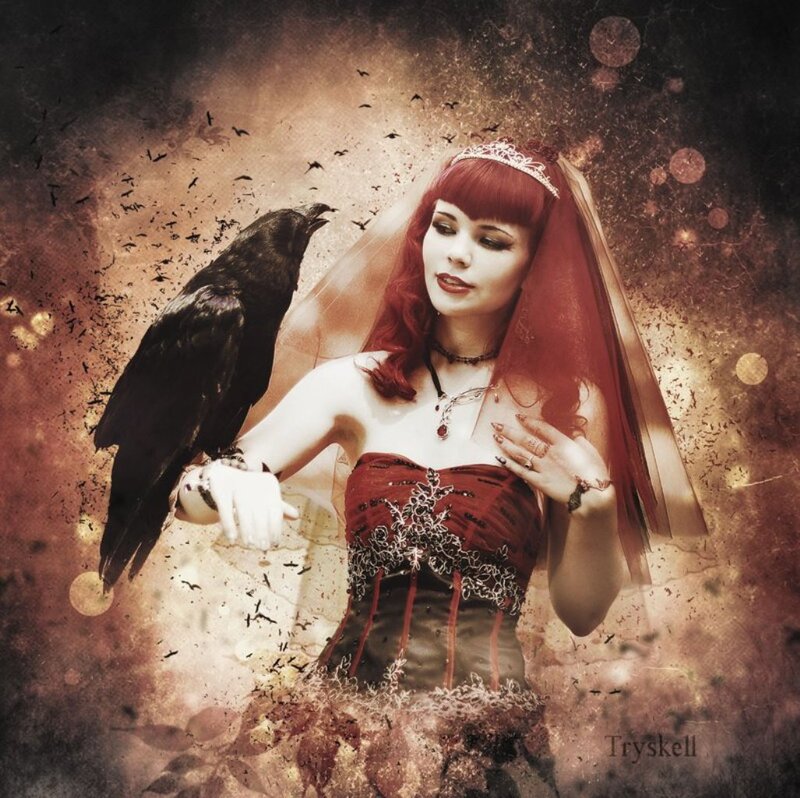 Woman with Red Hair and Crow — Dramatic