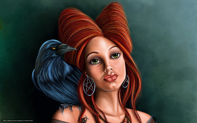 woman with red hair and crow
