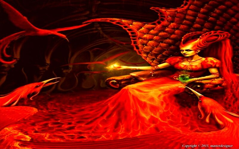 Woman with Red Hair and Dragon — Dramatic