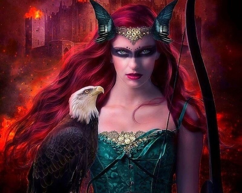 Woman with Red Hair and Eagle — Dramatic