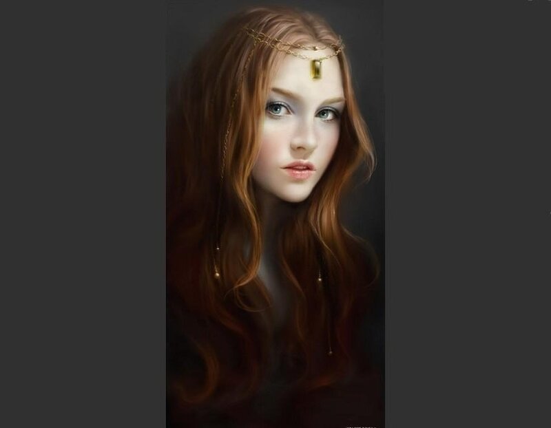 woman with red hair and golden headpiece