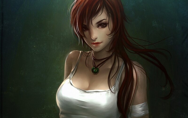 woman with red hair and green pendant