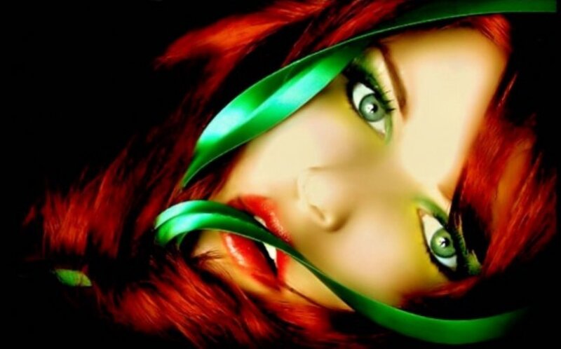 woman with red hair and green ribbon