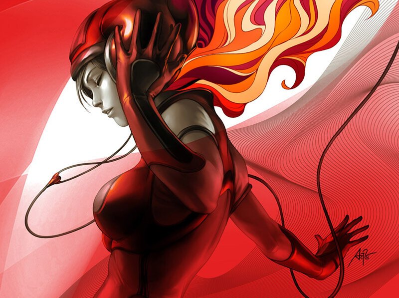 woman with red hair and headphones