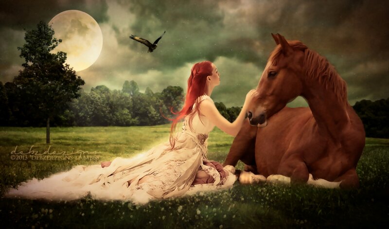 Woman with Red Hair and Horse — Green