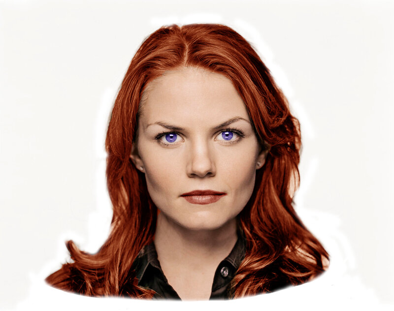 woman with red hair and purple eyes