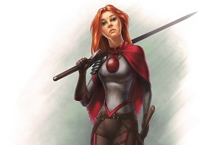 Woman with Red Hair and Sword — Dramatic, Digital Art, Red Cape