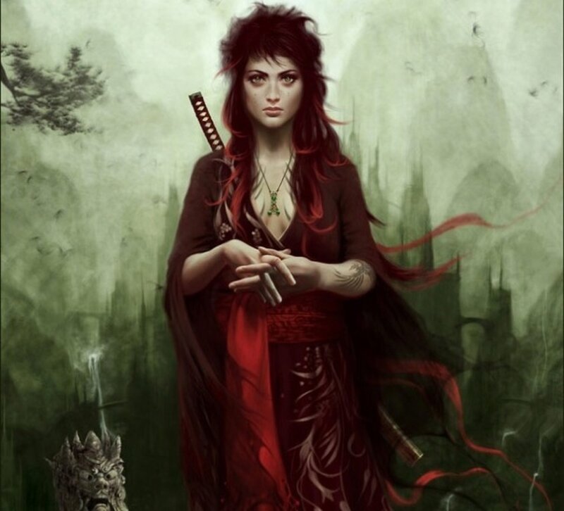 woman with red hair and sword