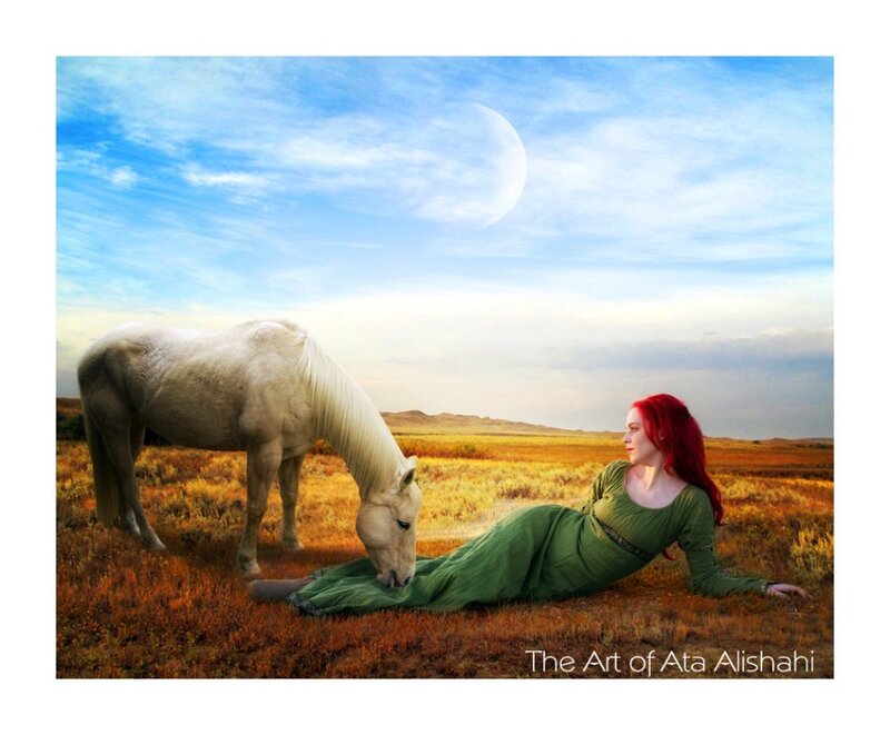 Woman with Red Hair and White Horse