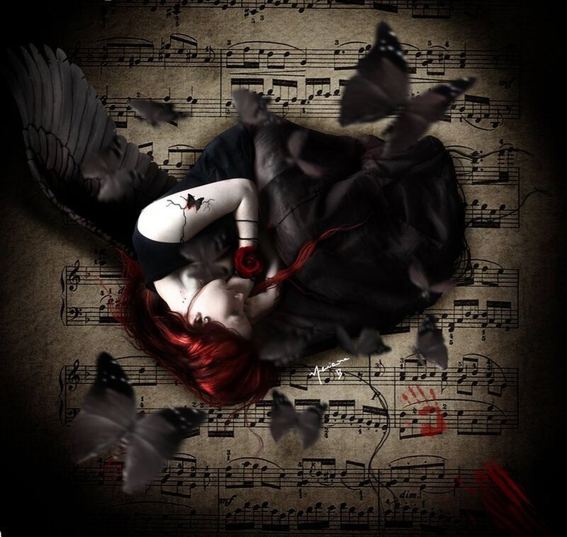 Woman with Red Hair and Wings — Black, Dramatic, Digital Art