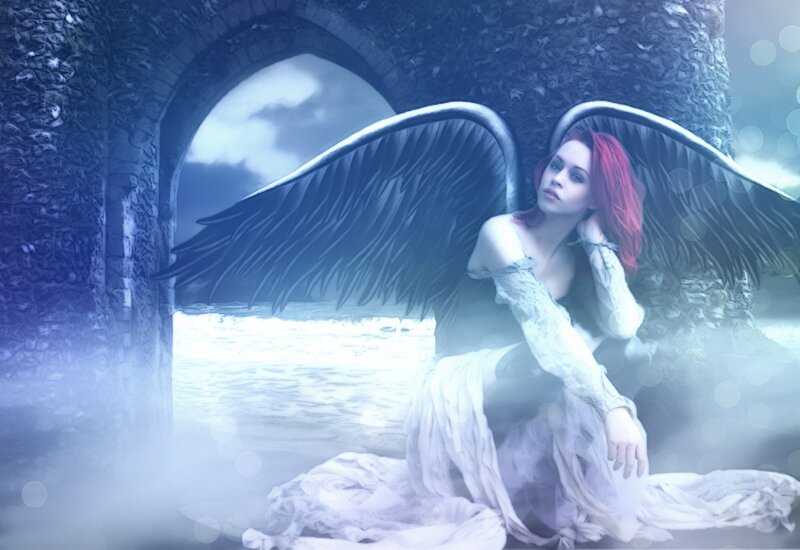 Woman with Red Hair and Wings — Blue, Dramatic