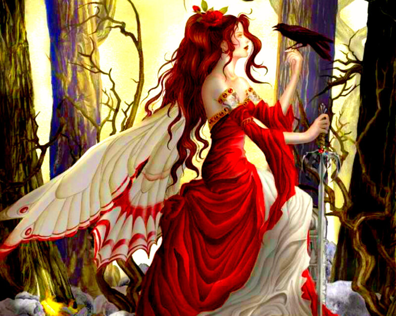 Woman with Red Hair and Wings — Dramatic, Digital Art, Crow