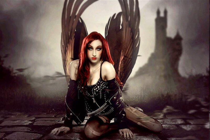 Woman with Red Hair and Wings — Dramatic, Night, Digital Art, Castle