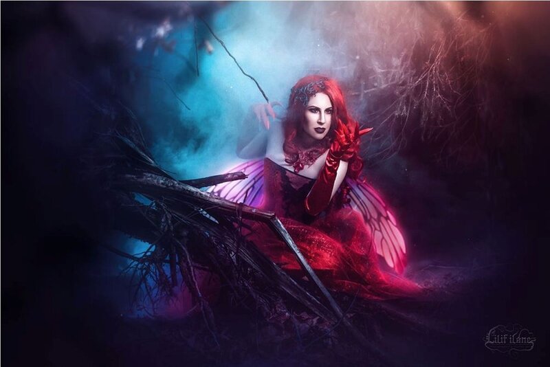 Woman with Red Hair and Wings — Dramatic, Night, Digital Art, Forest