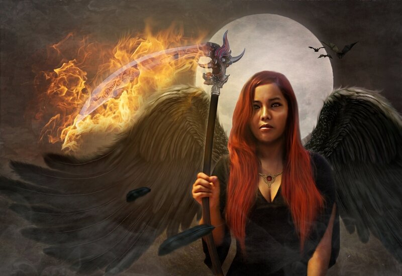 Woman with Red Hair and Wings — Dramatic, Night