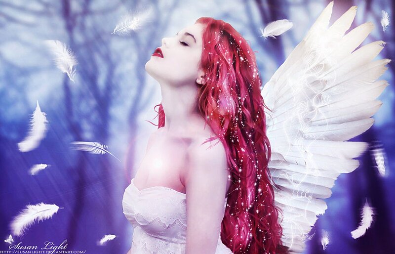 Woman with Red Hair and Wings — White, Serene