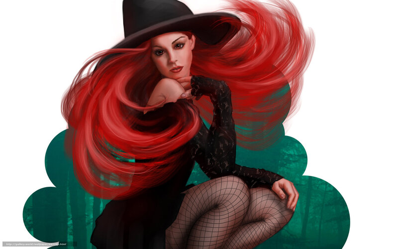 woman with red hair and witch hat