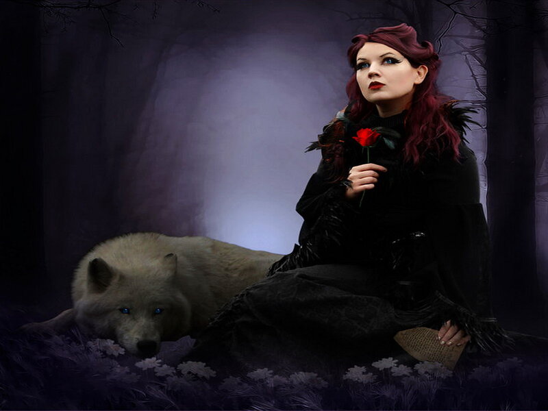 Woman with Red Hair and Wolf — Black, Dramatic