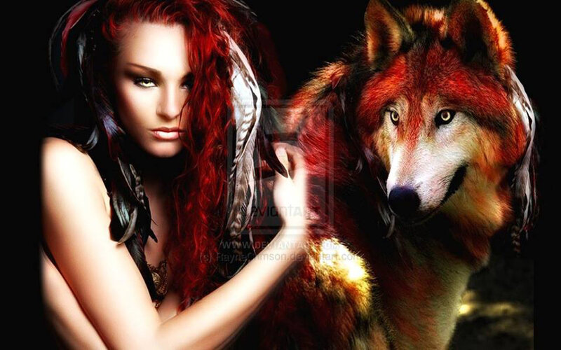 Woman with Red Hair and Wolf — Dramatic, Digital Art