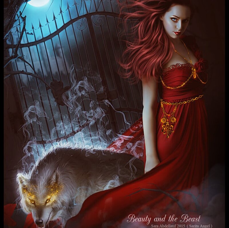 Woman with Red Hair and Wolf — Dramatic, Night