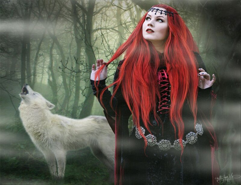 Woman with Red Hair and Wolf — Dramatic