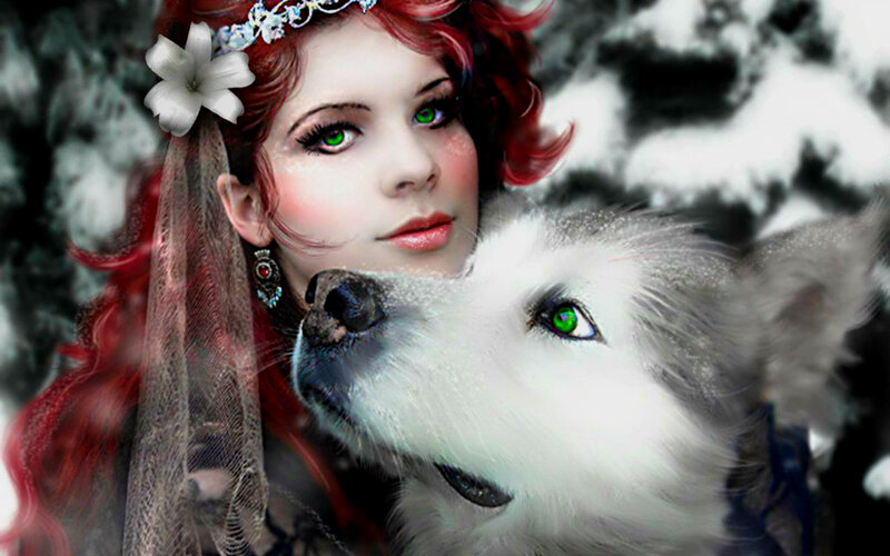 Woman with Red Hair and Wolf — Dramatic, Winter
