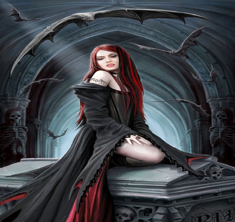 Woman with Red Hair — Black, Dark, Night, Digital Art, Bats