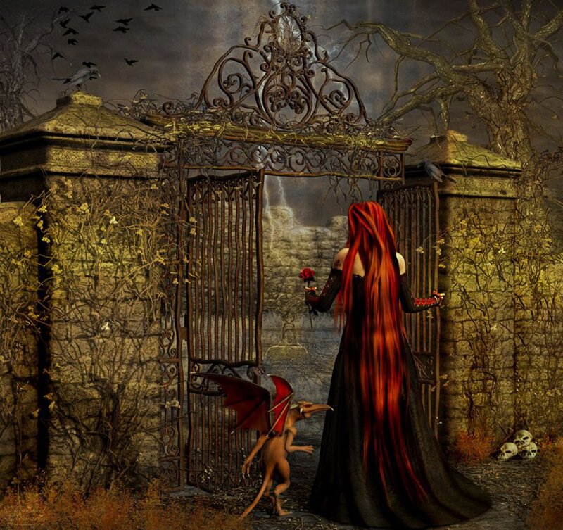Woman with Red Hair — Black, Dark, Night, Digital Art, Crows