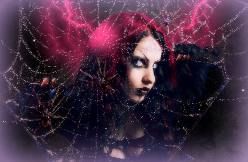 Woman with Red Hair — Black, Dark, Night, Digital Art, Spiders