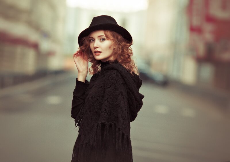 Woman with Red Hair — Black, Dramatic, Afternoon, Photograph, Hat