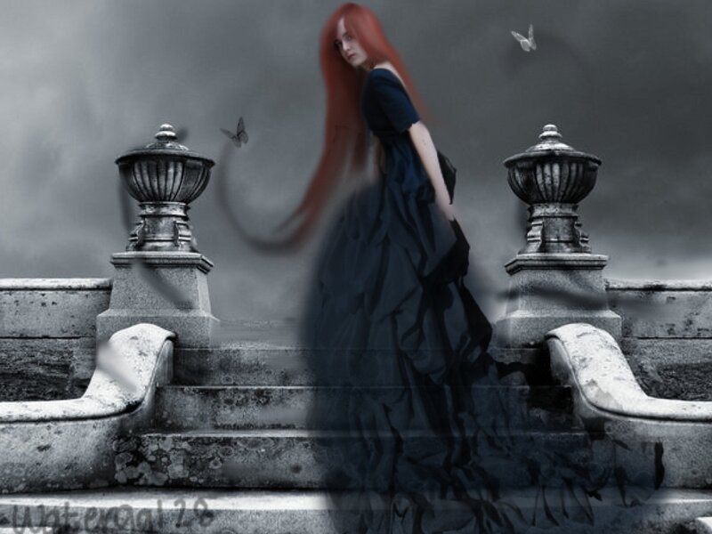 Woman with Red Hair — Black, Dramatic, Digital Art, Butterflies